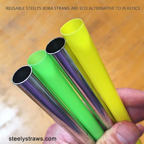 6 Stra Friendly Straw 6 Pack 10.5" x .5" Reusable Boba Bubble Tea Metal Straws 